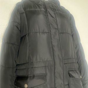 Lucky brand- Midi puffer coat, Hooded, Sz. XL, Zipper and snap front, Black, NEW